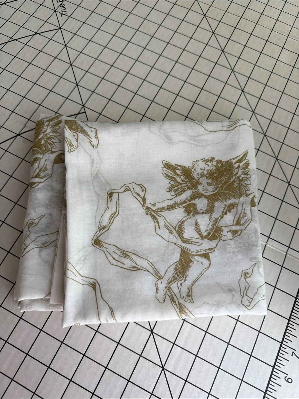 1¾ Yds Vintage Style Cherub Voile Fabric 58” Wide Semi Sheer Ivory Gold Romantic